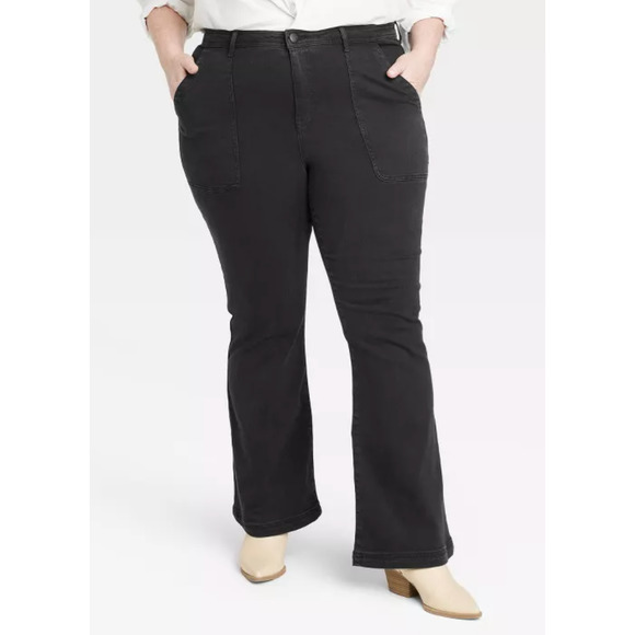 Knox Rose Denim - Knox Rose High-Rise Anywhere Flare Jeans Black Denim Pants Patch Pockets Size 20
